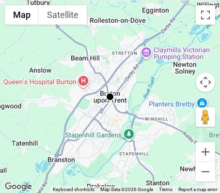 Map of affordable wedding photographer coverage in Burton upon Trent, Staffordshire, West Midlands