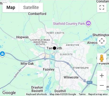 Map of affordable wedding photographer coverage in Tamworth, Staffordshire, West Midlands