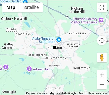 Map of affordable wedding photographer coverage in Nuneaton, Warwickshire, West Midlands