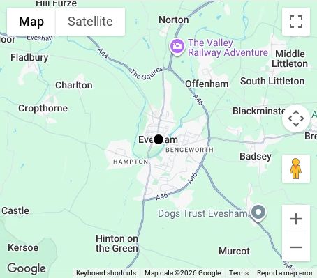 Map of affordable wedding photographer coverage in Evesham, Worcestershire, West Midlands
