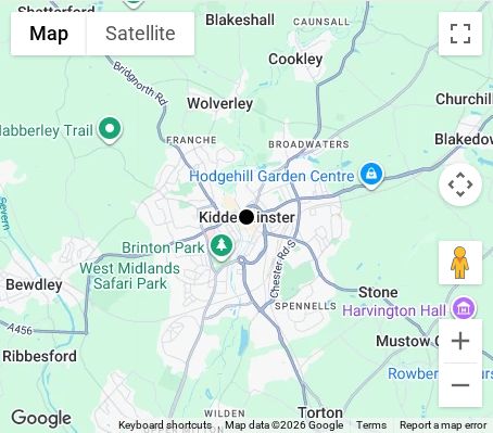 Map of affordable wedding photographer coverage in Kidderminster, Worcestershire, West Midlands
