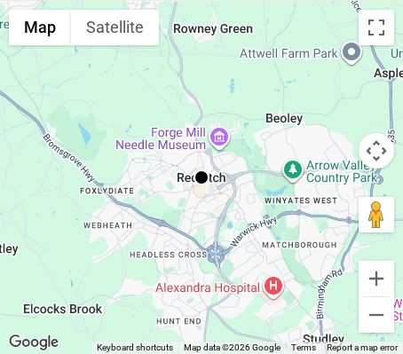 Map of affordable wedding photographer coverage in Redditch, Worcestershire, West Midlands